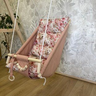 Дитяча гойдалка Рожева 2 в 1 "Ведмедики з трояндами 3D", гамак, колиска, люлька, дерев'янна гойдалка G31 фото