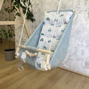 Дитяча гойдалка Пильно - м'ятна 2 в 1 "Блакитні машинки", гамачок для хлопчика, підвісна дитяча гойдалка G52 фото