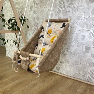 Дитяча гойдалка Бежева 2 в 1 "Коти", гойдалка - колиска для немовлят, гойдалка для хлопчиків та дівчат G21 фото